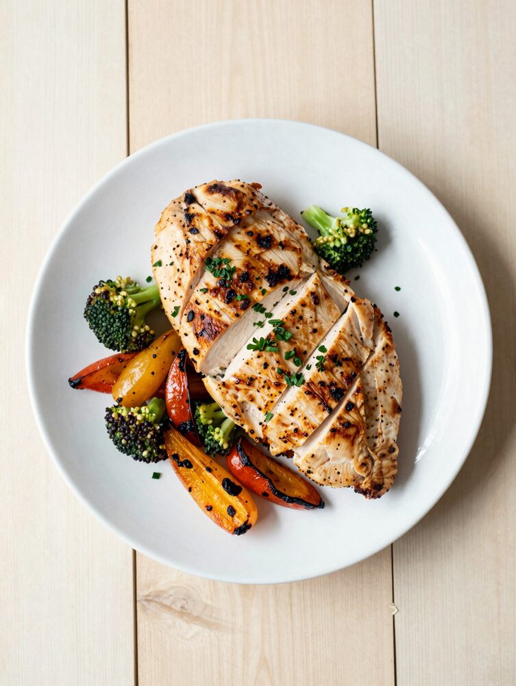 Sliced air fryer chicken breast with roasted vegetables on a plate