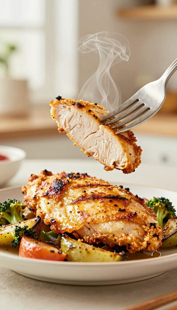 Fork lifting a slice of juicy air fryer chicken breast off a plate of roasted vegetables