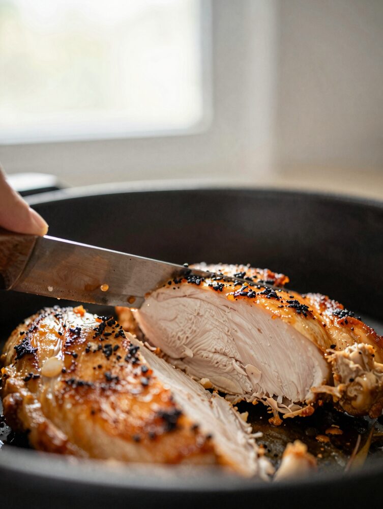 Knife slicing through a juicy air fryer chicken breast revealing the moist interior