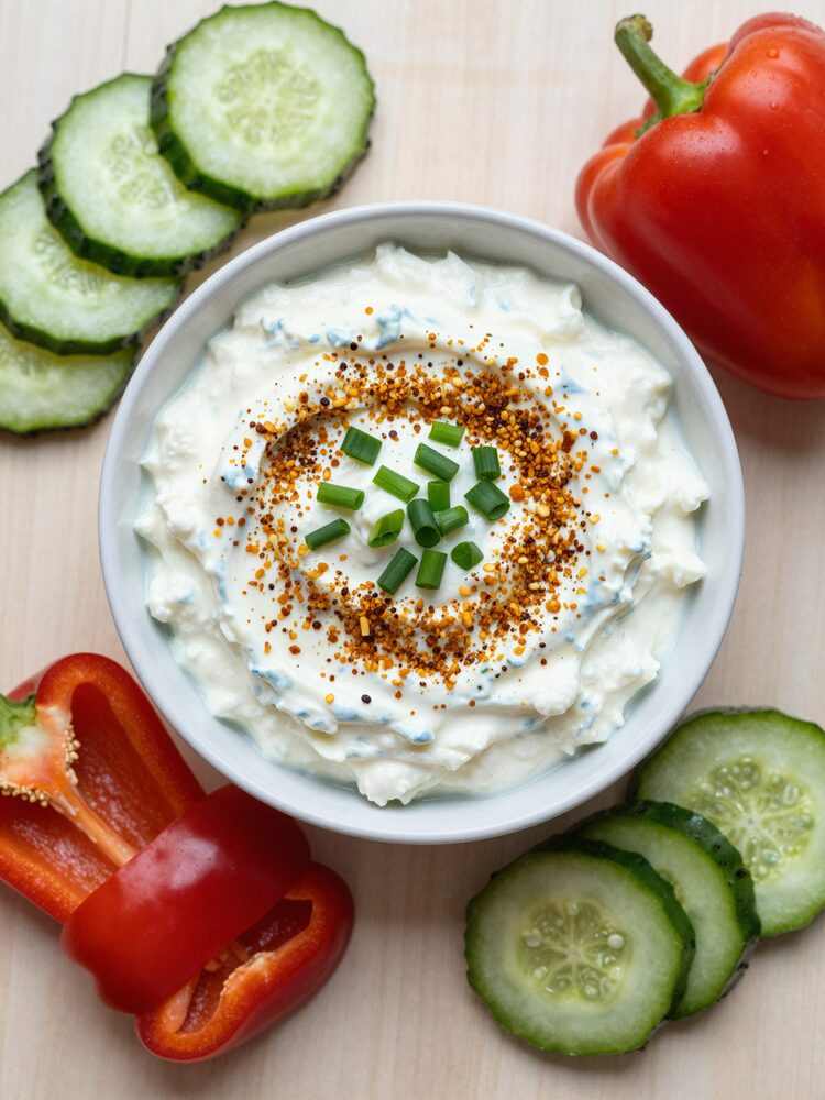 Bowl of whipped cottage cheese dip with everything bagel seasoning and vegetables