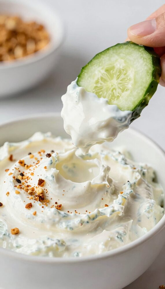 Cucumber slice being dipped into whipped cottage cheese dip topped with everything bagel seasoning