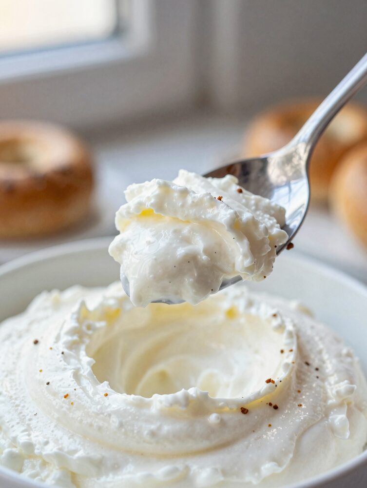 Spoon lifting whipped cottage cheese dip showing its smooth, airy texture