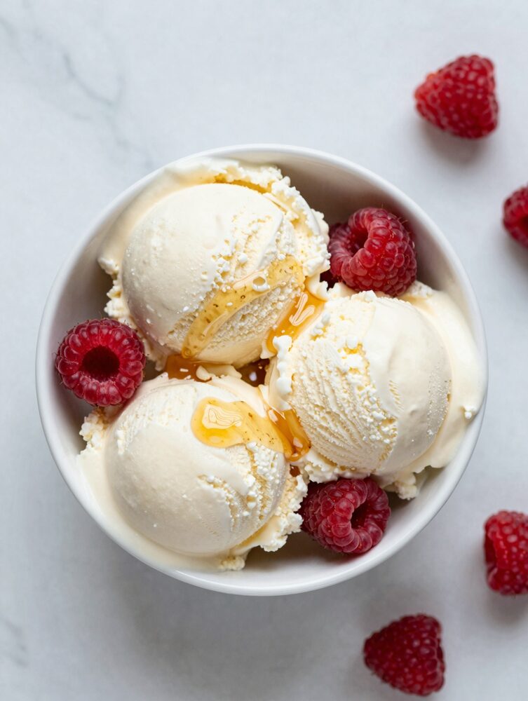 Bowl of vanilla cottage cheese ice cream scoops with honey and raspberries