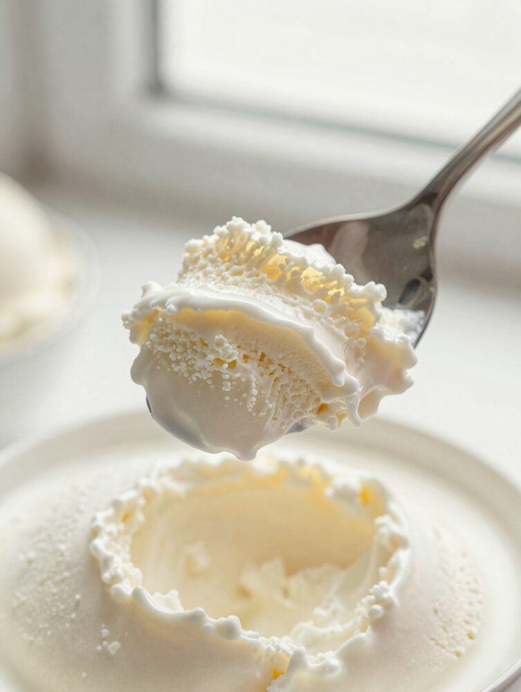 Spoon scooping creamy cottage cheese ice cream showing soft-serve texture