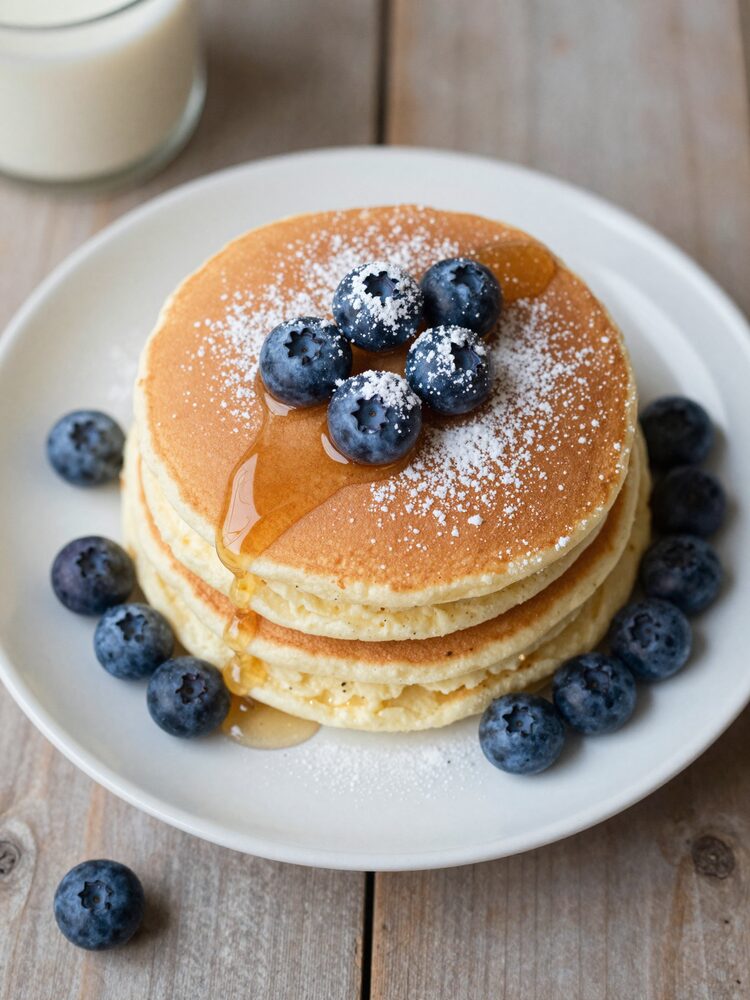 Cottage cheese pancakes stacked with blueberries and honey