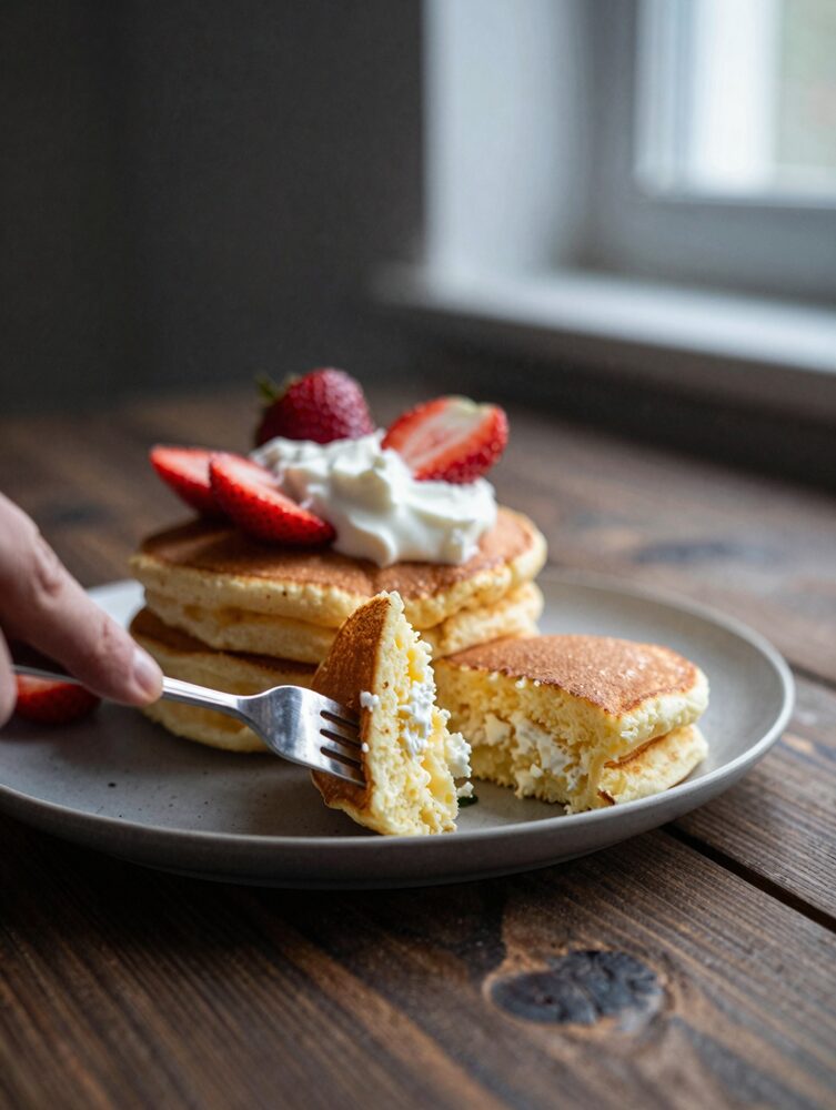 Cottage cheese pancake cut with a fork revealing the fluffy interior
