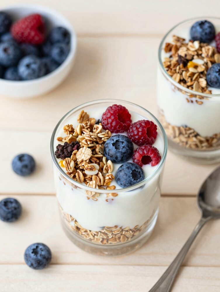 Two glasses of layered Greek yogurt parfait with granola, honey and fresh berries