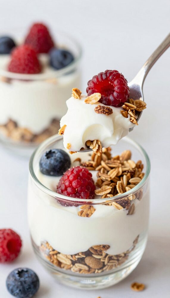 Spoon lifting a bite of layered Greek yogurt parfait with berries and granola