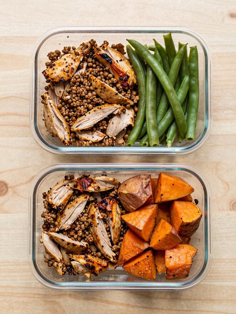 Meal prep containers with seasoned ground turkey, roasted sweet potato cubes and green beans