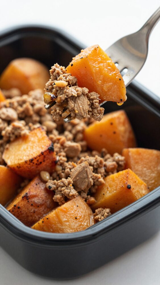 Fork lifting seasoned ground turkey and roasted sweet potato cubes from a meal prep container