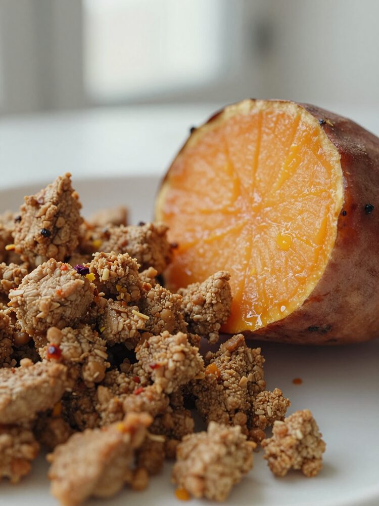 Seasoned crumbled ground turkey next to a cut roasted sweet potato cube