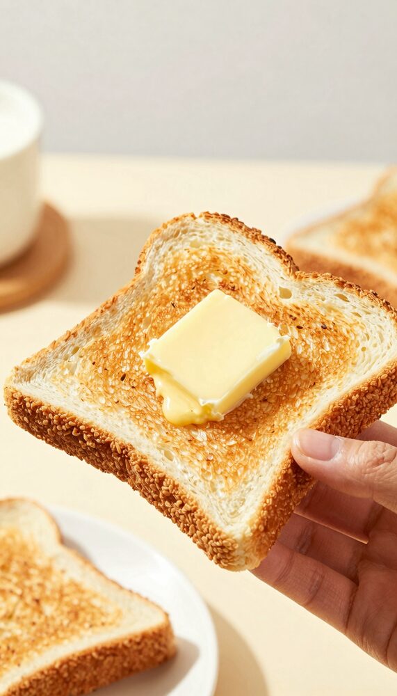 Hand holding a toasted slice of high protein bread with melting butter