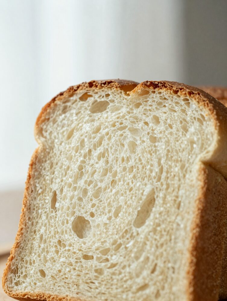 Slice of high protein bread showing soft airy crumb texture