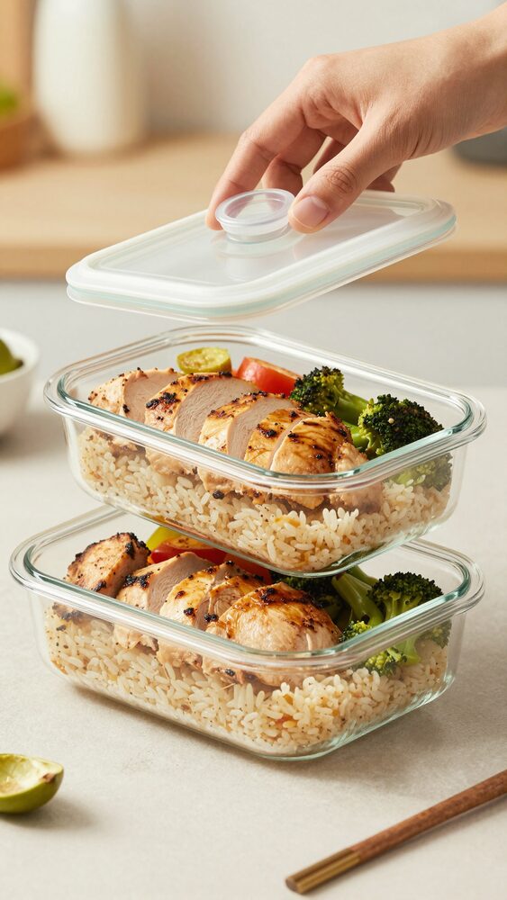 Hand closing the lid on a meal prep container filled with chicken, vegetables and rice