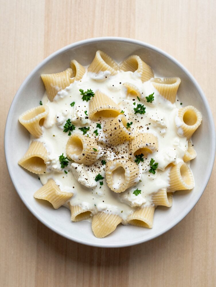 Bowl of pasta coated in creamy white cottage cheese alfredo sauce with black pepper and parsley