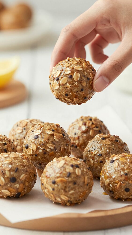 Hand picking up a no-bake protein energy ball from a stack on parchment paper