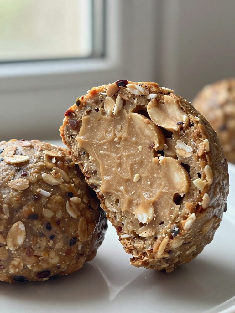 Protein energy ball broken in half showing chunky oat and peanut butter texture