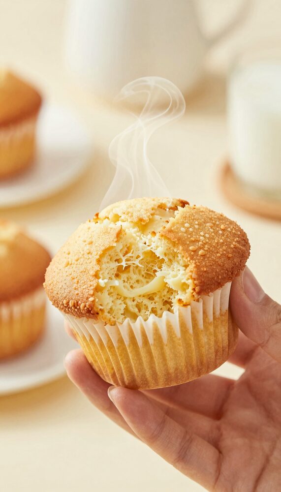 Hand breaking open a warm protein muffin showing soft fluffy interior with steam rising