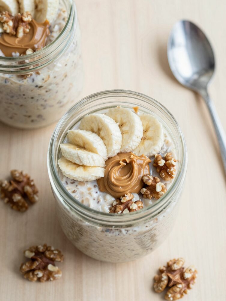 Protein overnight oats in a mason jar topped with banana, peanut butter and walnuts