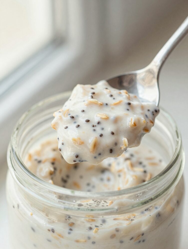Spoon lifting creamy protein overnight oats showing chia seed and oat texture