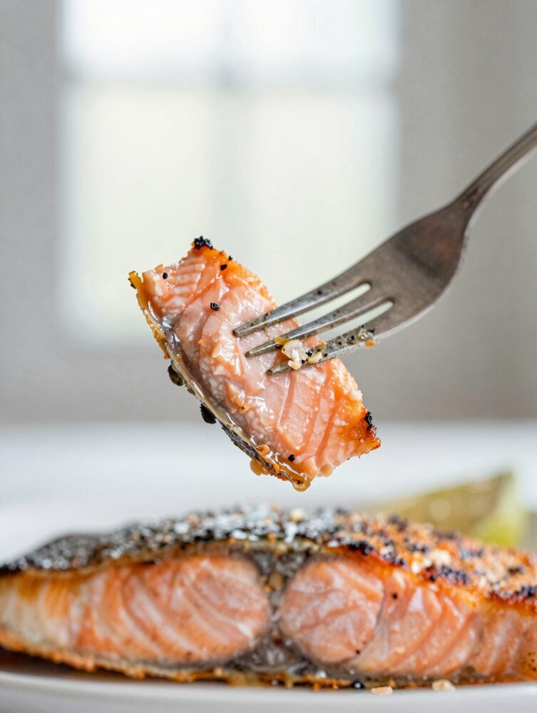 Fork flaking into a roasted salmon fillet revealing the moist, flaky interior